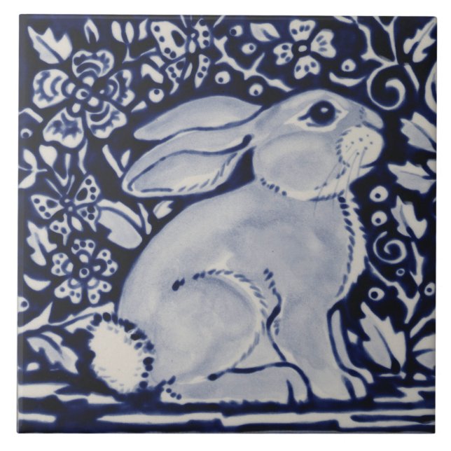 Blue and White Rabbit Floral Designer 6" Tile Art (Front)