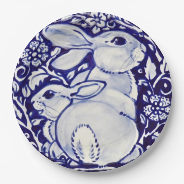 Blue and White Rabbit Floral Designer Paper Plates (Front)