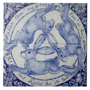 Blue and White Rabbit Hare Trio Bird Tile Trivet