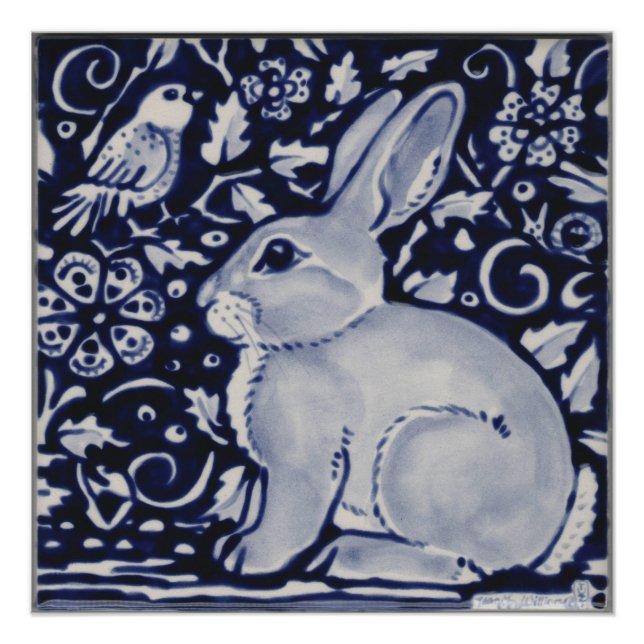 Blue and White Rabbit Poster China Dedham Tile Art (Front)