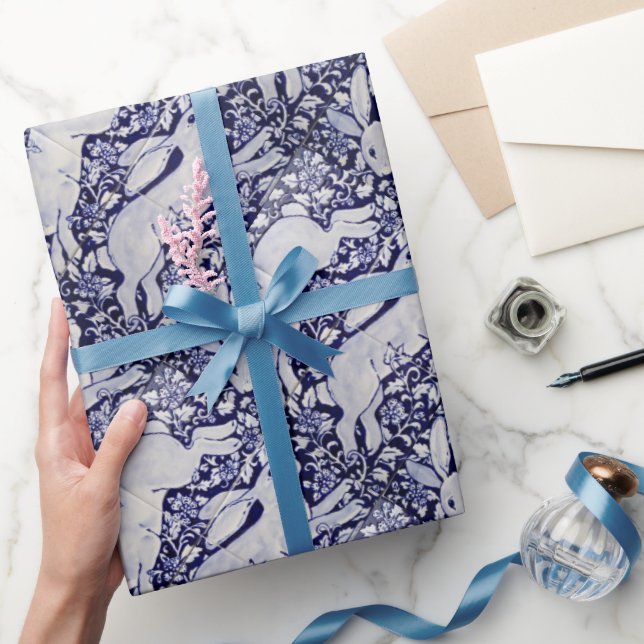Blue and White Rabbit Tile Decor Cobalt Dedham Wrapping Paper (Gifting)