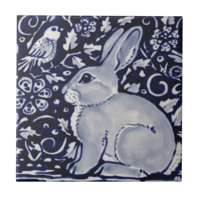 Blue and White Rabbit with Bird Tile Design (Front)