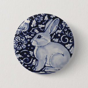 Blue and White Rabbit with Bird Tile Design 6 Cm Round Badge