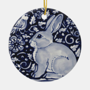 Blue and White Rabbit with Bird Tile Design Ceramic Tree Decoration