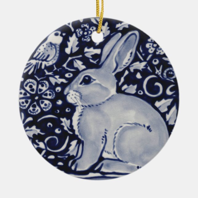 Blue and White Rabbit with Bird Tile Design Ceramic Tree Decoration (Front)
