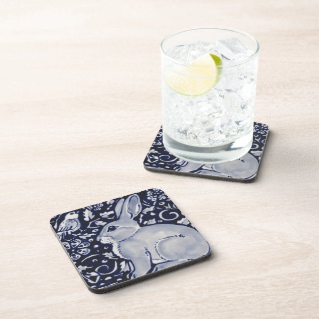 Blue and White Rabbit with Bird Tile Design Coaster (Right Side)
