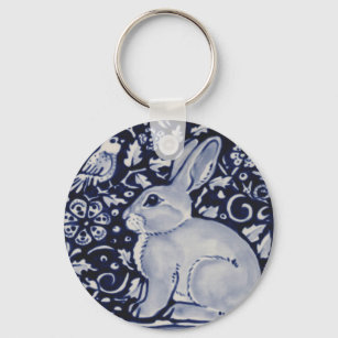 Blue and White Rabbit with Bird Tile Design Key Ring