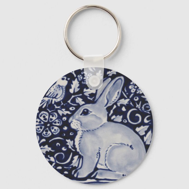 Blue and White Rabbit with Bird Tile Design Key Ring (Front)