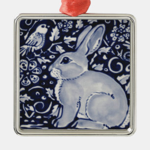 Blue and White Rabbit with Bird Tile Design Metal Ornament