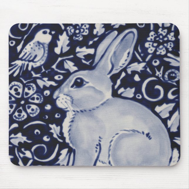 Blue and White Rabbit with Bird Tile Design Mouse  Mouse Pad (Front)