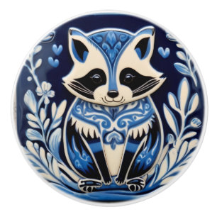 Blue and White Racoon Folk Art Ceramic Knob