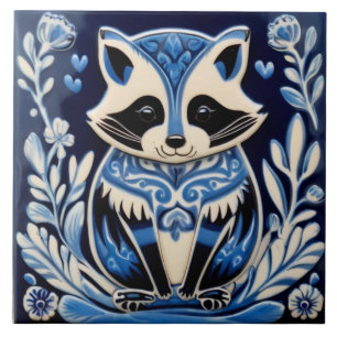 Blue and White Racoon Folk Art Ceramic Tile