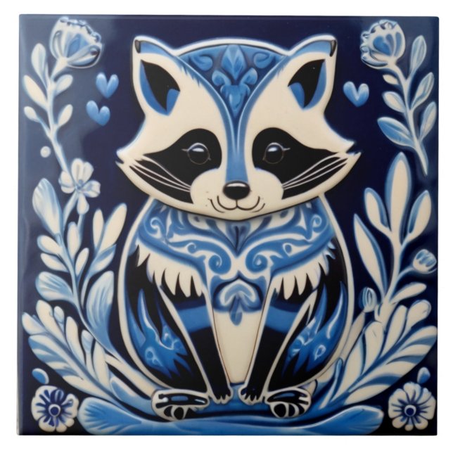 Blue and White Racoon Folk Art Ceramic Tile (Front)
