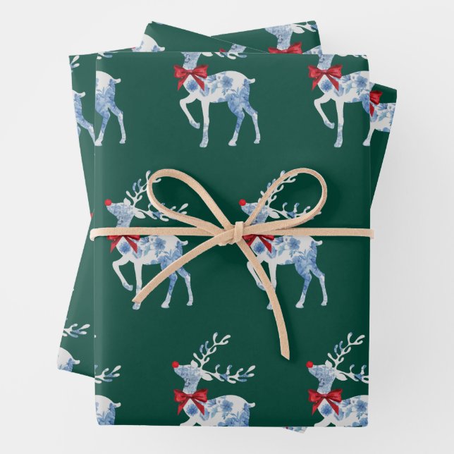 Blue and White Reindeer Holiday Wrapping Sheets (In situ)