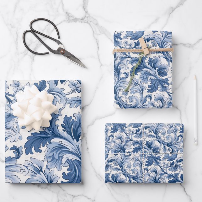 Blue and White Renaissance Acanthus Damask Wrapping Paper Sheet (Front)