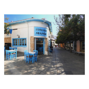 Blue and White Restaurant in Old Town Paphos Poster