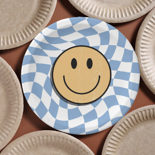 Blue and White Retro Chequered Birthday Boy Paper Plate