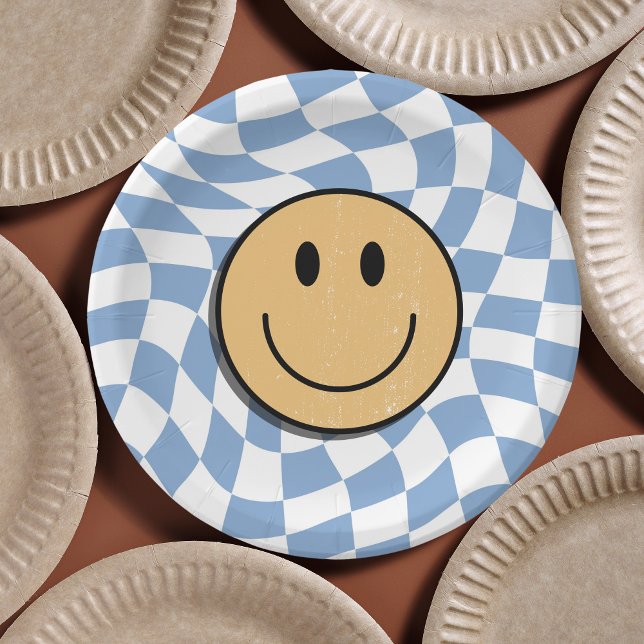 Blue and White Retro Chequered Birthday Boy Paper Plate (Retro Birthday Paper Plates)
