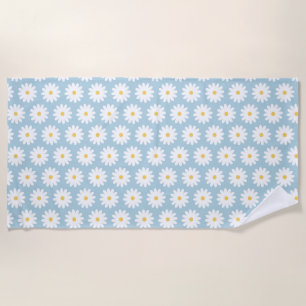 Blue and White Retro Vintage Daisy Pattern  Beach Towel