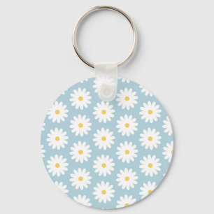 Blue and White Retro Vintage Daisy Pattern Key Ring