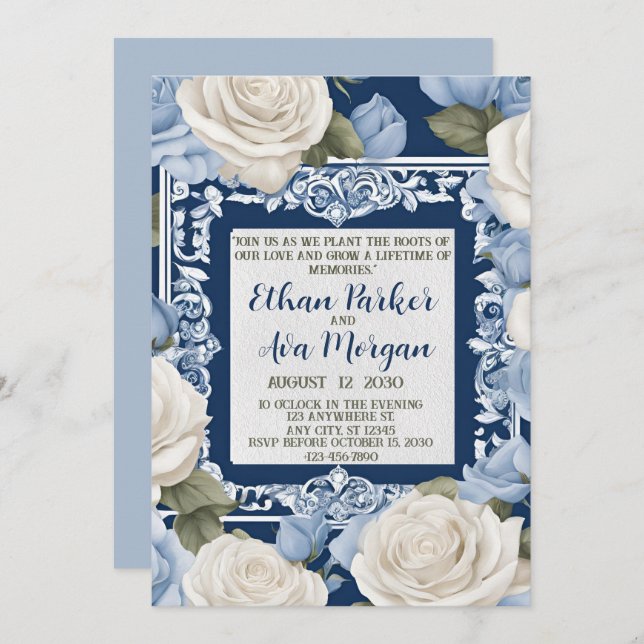 Blue and White Rose Wedding  Design Invitation (Front/Back)