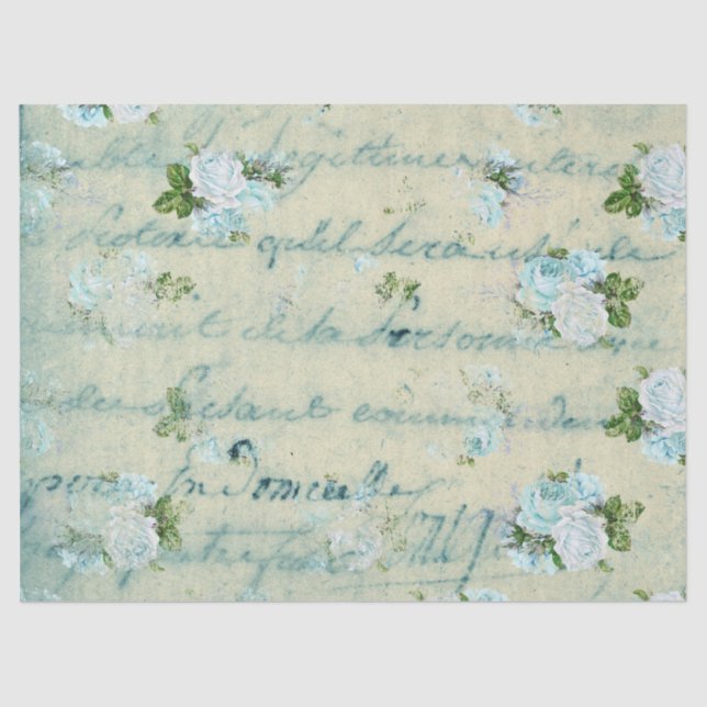 Blue and White Roses and Writing Decoupage Tissue Paper (Front)