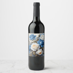 Blue and white roses floral print wine label