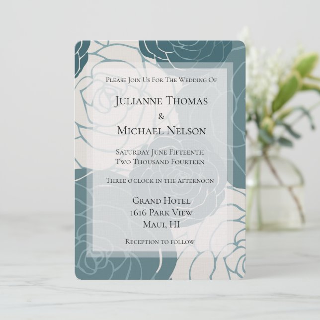 Blue and White Roses Floral Romantic Wedding Invitation (Standing Front)