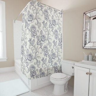 Blue and white roses flower country shower curtain