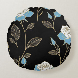 Blue and White Roses with Gold trim Round Cushion