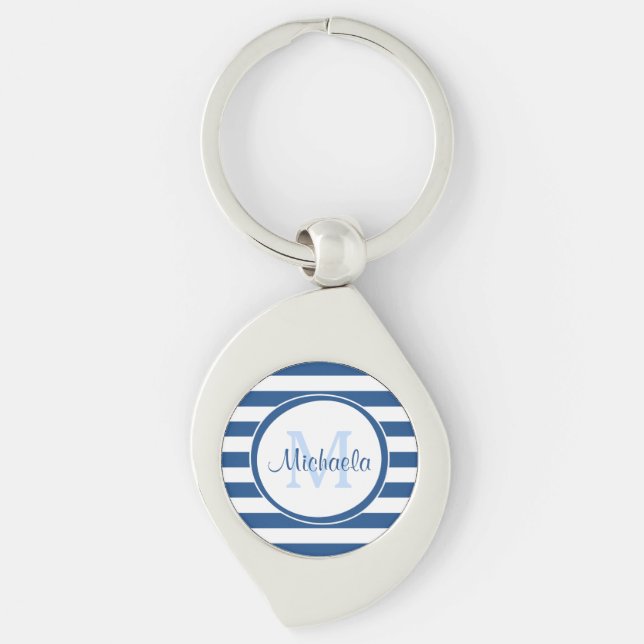 Blue and White Rugby Stripes With Girly Monogram Key Ring (Front)