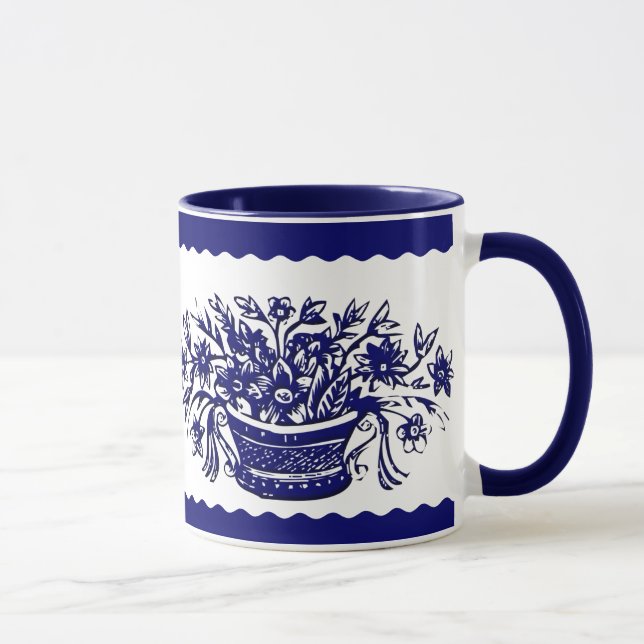Blue and White Rustic Flower Basket and Border Mug (Right)