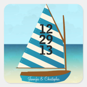 Blue and White Sailing Boat Wedding Save the Date Square Sticker
