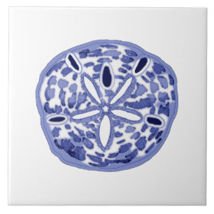 Blue and white sand dollar ceramic tile