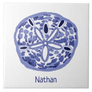 Blue and white sand dollar with name ceramic tile