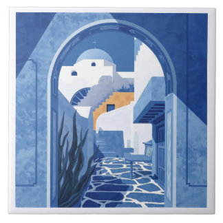 Blue and White Santorini Mediterranean Azulejo Ceramic Tile