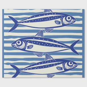 Blue and White Sardines Stripes Wrapping Paper