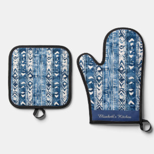 Blue and White Sashiko Pattern Oven Mitt & Pot Holder Set