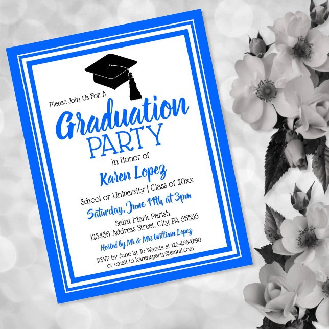 Blue and White School Colours Grad Party Invitation Postcard (Creator Uploaded)