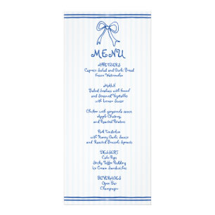 Blue and white scribble bow wedding menu card