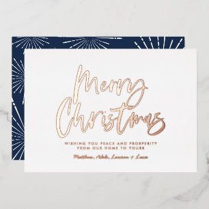 Blue and white script merry Christmas non photo Foil Holiday Card