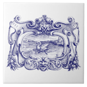 Blue and White Scroll Cartouche With Swan Ceramic Tile