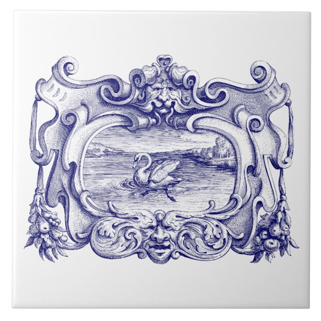 Blue and White Scroll Cartouche With Swan Ceramic Tile (Front)