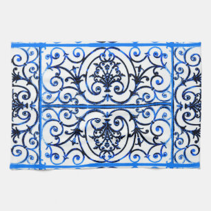 Blue and white scrollwork pattern tea towel