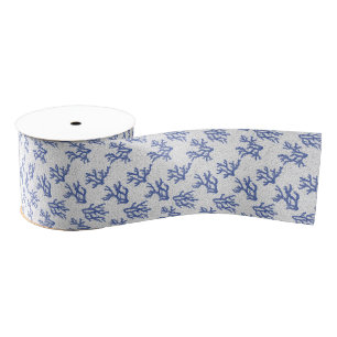 Blue and white sea coral allover print  grosgrain ribbon