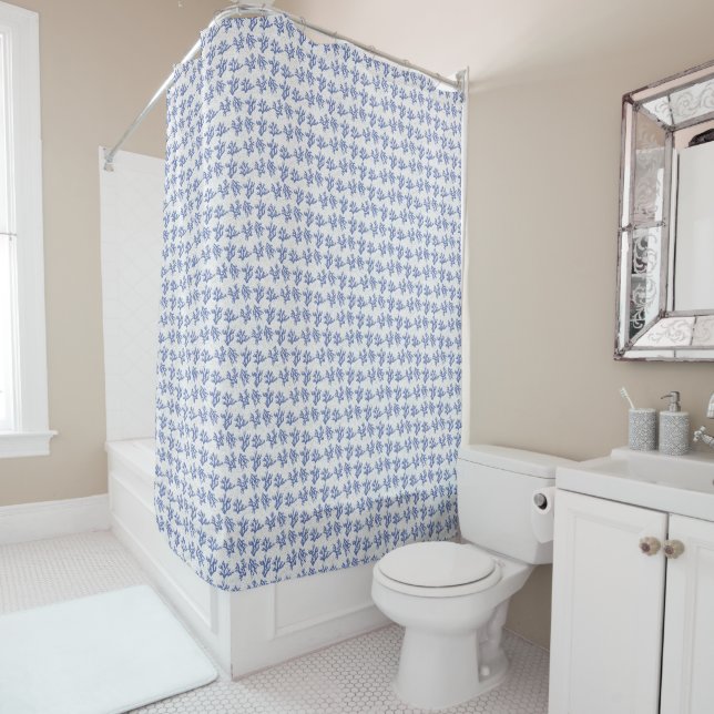 Blue and white sea coral allover  shower curtain (In Situ)