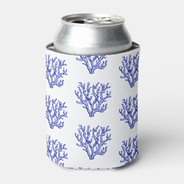Blue and white sea coral can cooler (Can Front)