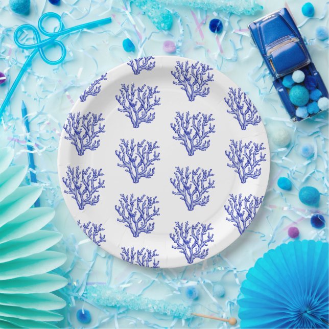 Blue and white sea coral paper plate (Party)
