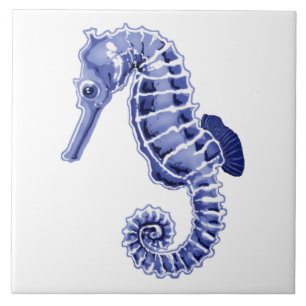 Blue and white seahorse ceramic tile