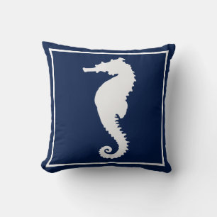 Blue and White Seahorse Coastal Nautical Beach Cushion
